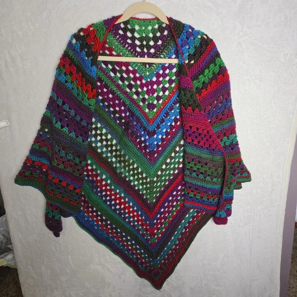Boho Granny‎ Square Crochet Shawl Wrap Boho Multi Color Handmade Bright Colors